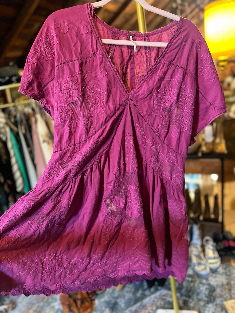 Free People Magenta Embroidered V-Neck Short Sleeve Tunic